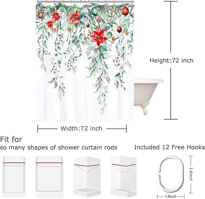 Christmas Shower Curtain Set Xmas Holly Shower Curtains Waterproof Fabric Bath Curtains with 12 Hooks for Winter Christmas Holiday Home Bathroom Decor, 72 x 72 Inches