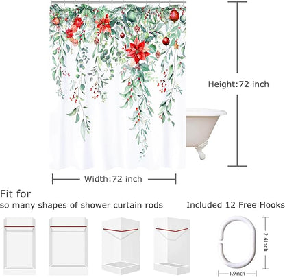 Christmas Shower Curtain Set Xmas Holly Shower Curtains Waterproof Fabric Bath Curtains with 12 Hooks for Winter Christmas Holiday Home Bathroom Decor, 72 x 72 Inches
