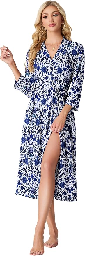 PrinStory Robes for Women 3/4 Sleeve Long Bath Robe XS-4XL | V-Neck Knit Bathrobe with Pockets, Lightweight, Soft, Breathable Robes for Shower, Spa, Travel, Home, Party, Nursing