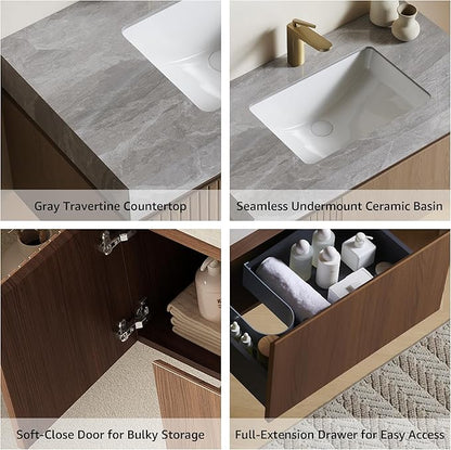 36” Floating Bathroom Vanity with Sink, Wall-Mounted Cabinet with Drawer & Doors, Gray Travertine-Pattern Sintered Stone Top, Undermount Basin, Single Faucet Hole, Soft-Close, Pre-Assembled, Brown Oak