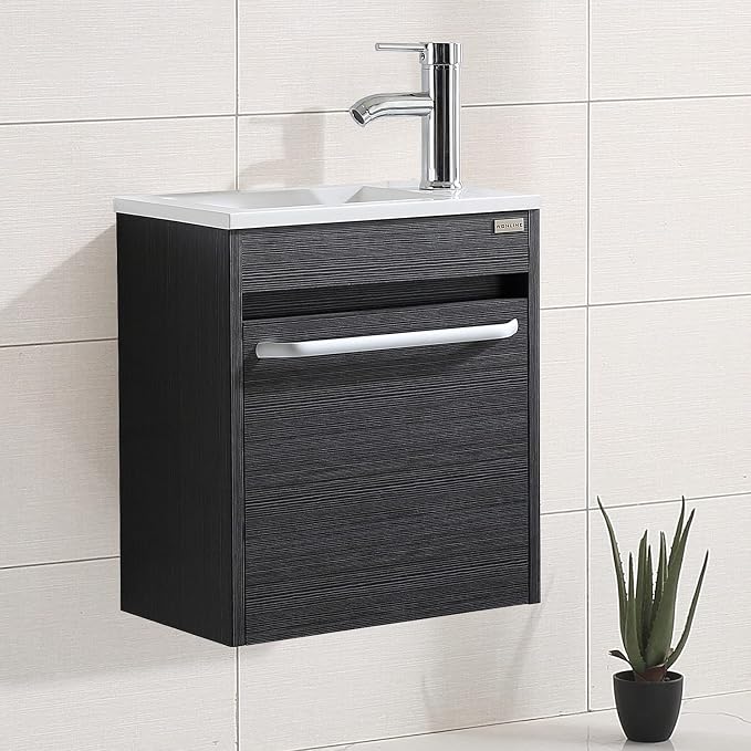 wonline 16” Bathroom Vanity Sink Combo for Small Space Black Wall Mounted Cabinet Set Design White Resin Basin Sink Top Chrome Faucet