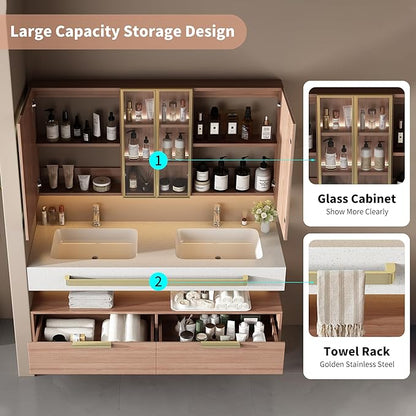 60-Inch Double Sink Vanity with Medicine Cabinet, Mirror Defogger, Wall Mounted Floating Storage (60")