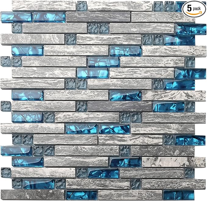Gray Marble Tile for Kitchen Backsplash 12 in. x 12 in. x 8 mm Teal Blue Glass Mosaic Bathroom Shower Wall Linear Tiles (Pack of 5 Sheets)