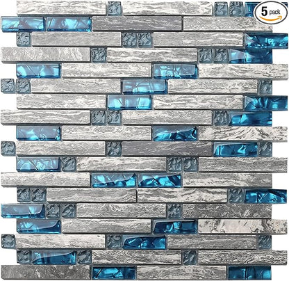 Gray Marble Tile for Kitchen Backsplash 12 in. x 12 in. x 8 mm Teal Blue Glass Mosaic Bathroom Shower Wall Linear Tiles (Pack of 5 Sheets)