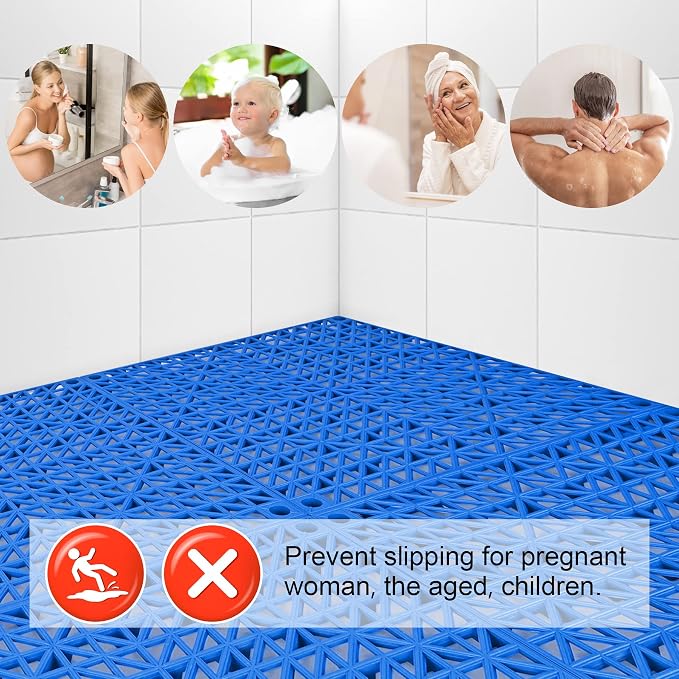 Modular Interlocking Cushion 12 Pack 11.8" x 11.8" Rubber Floor Tiles Non-Slip Splicing Drainage Mats for Deck, Pool, Outdoor Shower, Patio, Balcony, Indoor Bathroom, Kitchen, Yard (Blue)
