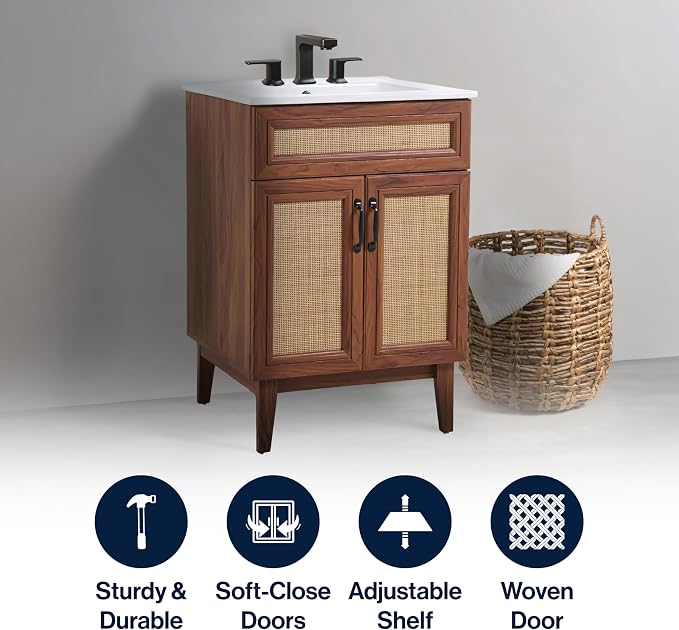 JONATHAN Y Javer Bohemian Rattan Freestanding Bath Vanity, 24", Walnut | 18" Deep, 33" High, 2 Soft-Close Doors, Caned Paneling, 2-Shelf Storage, Basin Not Included, Modern Farmhouse Style