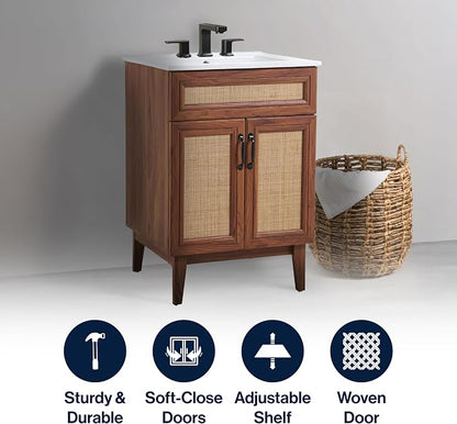 JONATHAN Y Javer Bohemian Rattan Freestanding Bath Vanity, 24", Walnut | 18" Deep, 33" High, 2 Soft-Close Doors, Caned Paneling, 2-Shelf Storage, Basin Not Included, Modern Farmhouse Style