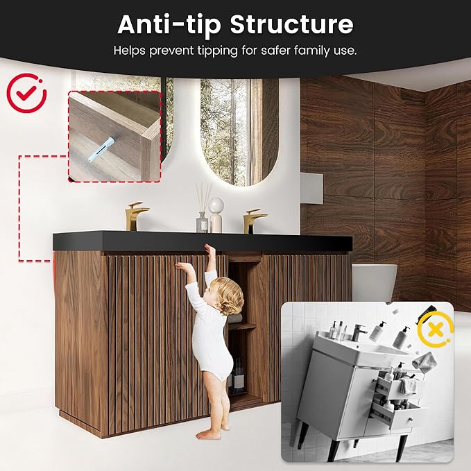 60" Bathroom Vanity with Double Sink, Freestanding Double Sink Bathroom Vanity with Black Engineered Stone Top, Open Storage Cabinet & Adjustable Shelf, 4 Soft-Closing Doors, Walnut