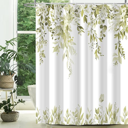 Beige Floral Eucalyptus Shower Curtain with Hooks, 72x84 Inch | Waterproof Fabric, Watercolor Leaves and Floral, Botanical Style, Machine Washable, Quick-Drying, for Hotel Bathroom