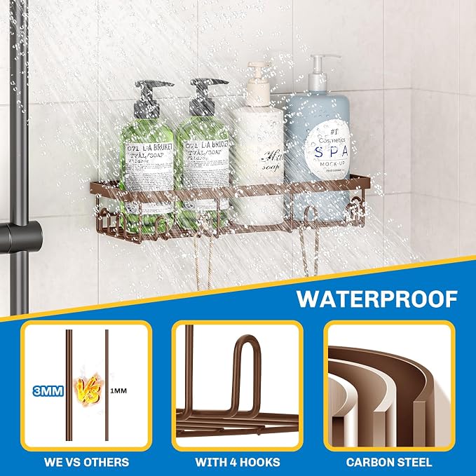 DTUQYX Shower Caddy 9 Pack,Adhesive Organizer for Bathroom Decor Accessories & Kitchen Storage,No Drilling,Large Capacity,Rustproof Stainless Steel Organizer,Home Decor Shelves (Brown 9 Pack)