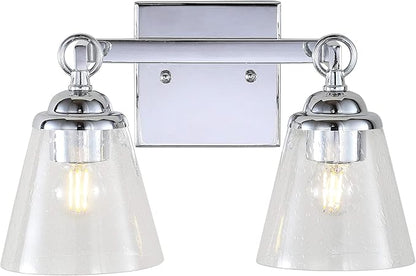 JONATHAN Y 12.75" Chrome Marion 2-Light Vanity Light Wall Sconce for Bathroom Decor, Clear Seeded Glass Shade, Reversible Hardwired Lamp for Mirror Hallway, LED Bulb (JYL7433A)