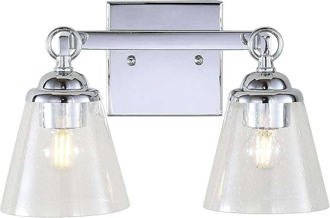 JONATHAN Y 12.75" Chrome Marion 2-Light Vanity Light Wall Sconce for Bathroom Decor, Clear Seeded Glass Shade, Reversible Hardwired Lamp for Mirror Hallway, LED Bulb (JYL7433A)