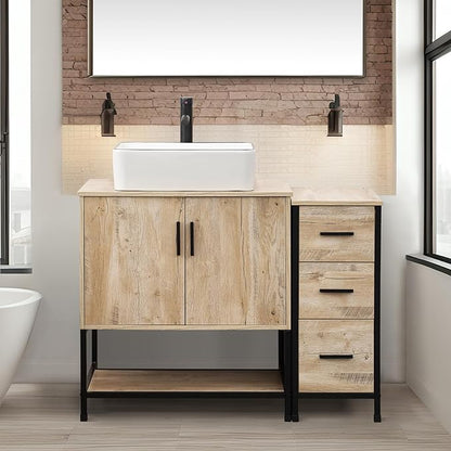 UEV 42" Rustic Oak Bathroom Vanity with Sink Combo,Industrial Iron Frame Bathroom Cabinet Sets with 3 Drawers Side Cabinet,Modern Artistic Ceramic Vessel Sink(031WH)