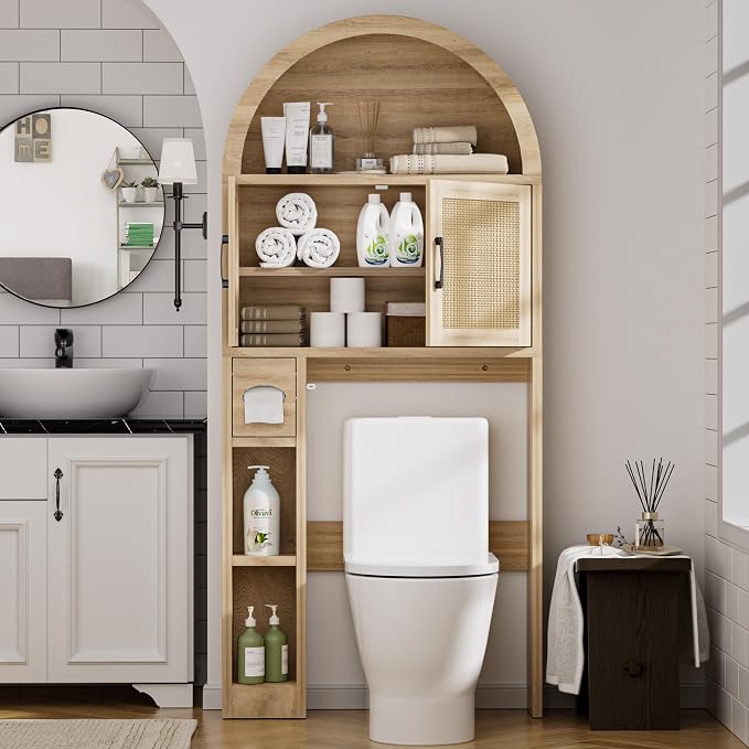 Spurgehom Over Toilet Storage Cabinet, Bathroom Arch Organizer,Rattan | Freestanding Arch Bathroom Cabinet with Anti-Tipping Safety Kit, Space-Saving Toilet Storage Shelf, Toiletries Organization.
