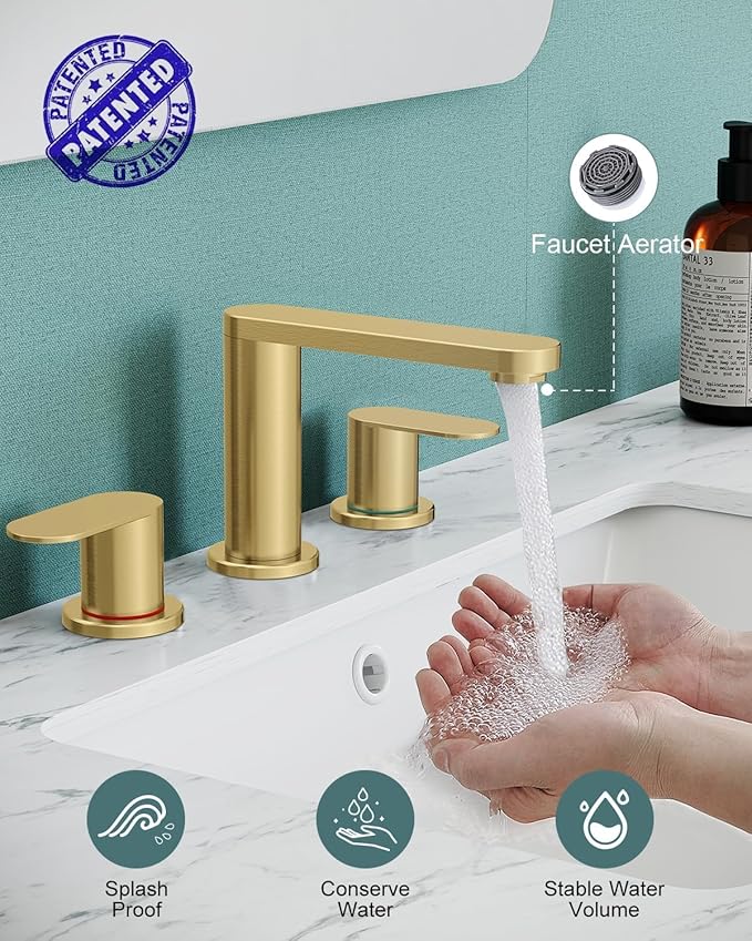 BWE 2 Pack Brushed Gold Bathroom Faucet 3 Hole, 8 Inch Widespread Gold Bathroom Faucets with Pop-up Drain and Supply Lines, 360° Swivel Spout 2-Handle Sink Faucet for Bath Vanity