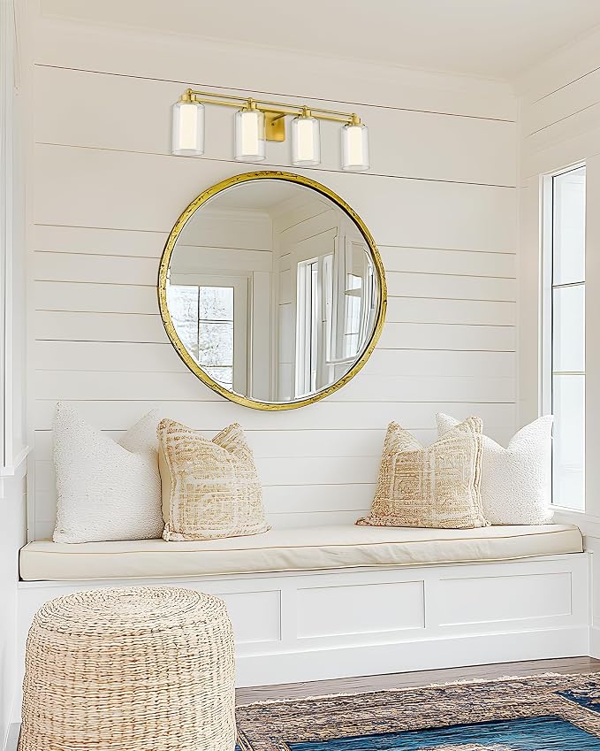 HWH 4-Light Bathroom Vanity Light, Brushed Gold, 5CCT, 5HLT63B-4W-LED BG | Clear Glass, Dimmable, 24W, Vanity Lights for Bathroom, Brass Wall Light Fixtures, Vanity Lights for Mirror, For Bedroom