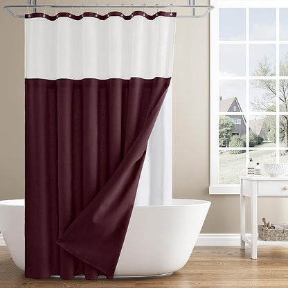 Linen Shower Curtain 72 Inches for Bathroom Burgundy Double Layer | Curtains with Hook, Snap in Liner, Water Repellent, Boho Farmhouse, Modern Bath Decor, 1 Panel, 72x72