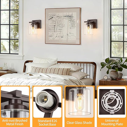 1 Light Modern Bathroom Light Fixtures Over Mirror, Bronze Finish Vanity Lights for Bathroom Wall Sconces with Clear Glass Shades, E26 Socket (Bulbs Not Included)