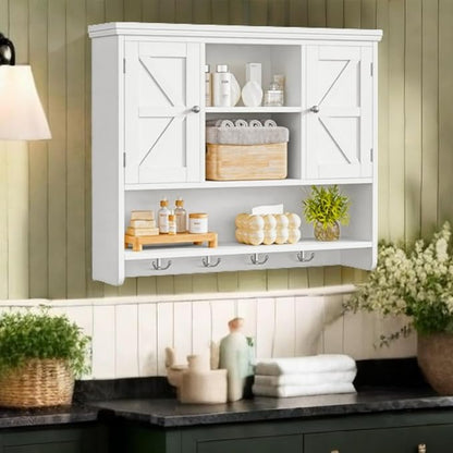 Bathroom Wall Cabinet with Doors and Hooks, 3-Tier Wall Mounted Cabinet | Farmhouse Medicine Cabinet with 3 Open Shelves, Over the Toilet Storage Cabinet for Kitchen, Laundry Room, Living Room, White
