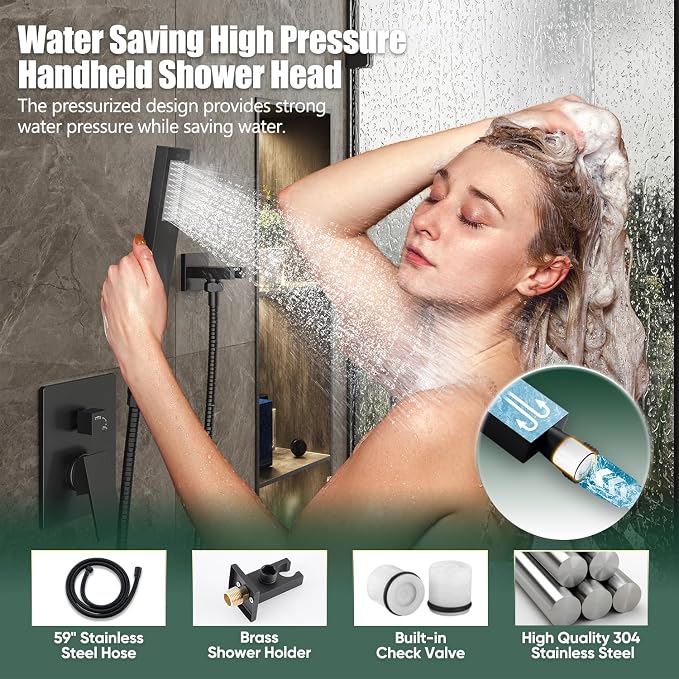 Gabrylly Rain Shower Head with Handheld Spray Combo, 10", Matte Black | All Metal Shower System, High Pressure Rainfall Shower Faucet Set, Solid Brass Shower Valve Complete Shower Set for Bathroom
