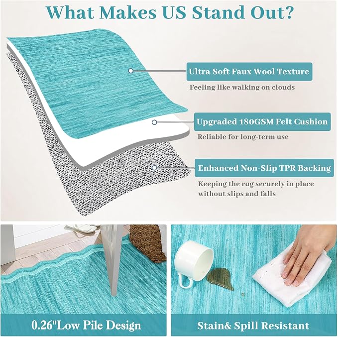 Garvee Scalloped Rug 10x13 Washable Area Rug for Living Room Teal | Rugs for Living Room, Non-Slip Soft Carpet for Bedroom, Scalloped Low-Pile Solid Rug Accent Rug for Dining Room Home Office