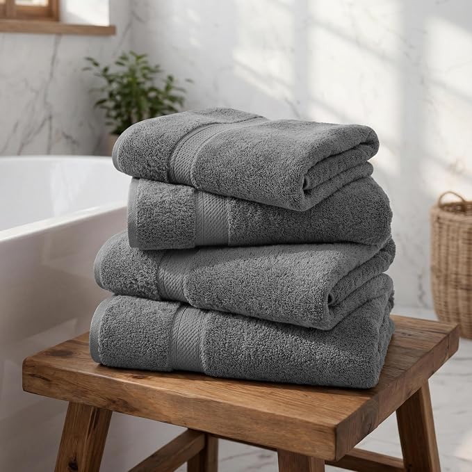 Superior Egyptian Cotton Plush & Absorbent, Bath Towel Set of 4, Charcoal | Quick Dry, Soft Luxury Towel Set, Bath Essentials for Bathroom, Guest Bath, Spa, 4 Piece Bath, Madeline Towels