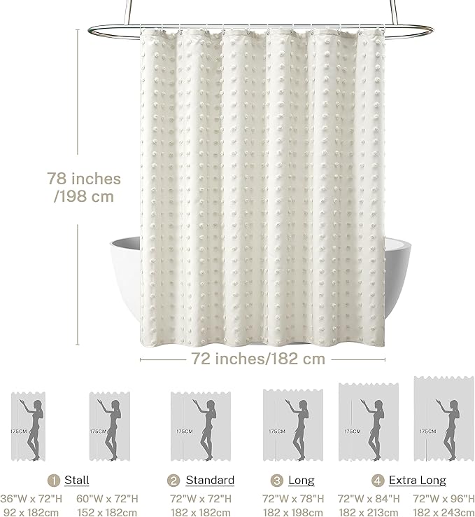 Extra Long Boho Farmhouse Cream Shower Curtain Woven Fabric Ivory Shower Curtain, 72 x 78 Tufted Pleat Floral Puffs Textured Modern Farmhouse Minimalist Shower Curtain Set with Hooks for Bathroom