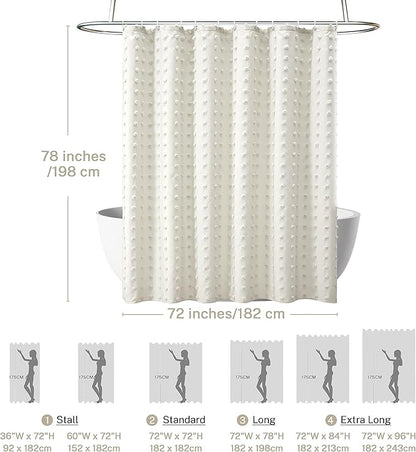 Extra Long Boho Farmhouse Cream Shower Curtain Woven Fabric Ivory Shower Curtain, 72 x 78 Tufted Pleat Floral Puffs Textured Modern Farmhouse Minimalist Shower Curtain Set with Hooks for Bathroom
