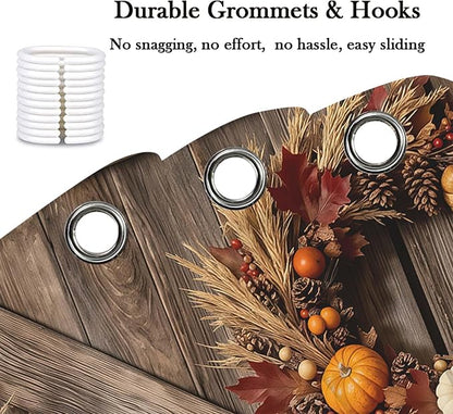 Fall Rustic Barn Door Shower Curtain, Autumn Thanksgiving Pumpkin Farmhouse Brown Wood Board Shower Curtain Set Bathroom, Western Farm Harvest Fabric Bath Decor with Hooks,60X70IN