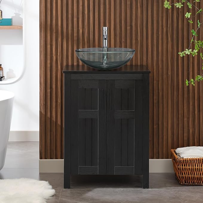 UEV Black 24" Bathroom Vanity with Sink Combo,Modern Vanity with Vessel Sink,Stylish Bathroom Vanity Cabinet,Grooved Doors & Metal Handles,Modern Glass Round Bowl Tempered Glass Vessel Sink(A16)