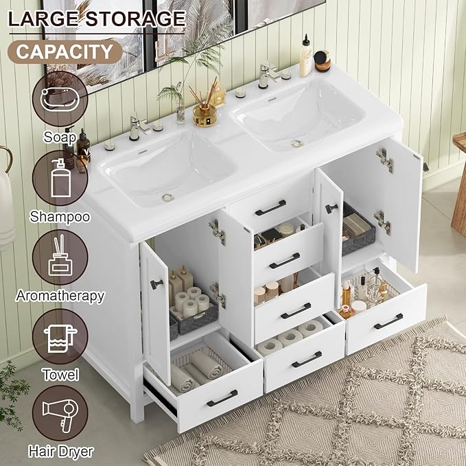 Bathroom Vanity with Sink Combo, 48" Modern Bathroom Storage Cabinet with Double Sink Ceramic, 4 Doors and 5 Drawers, Space-Saving Storage Cabinet, White
