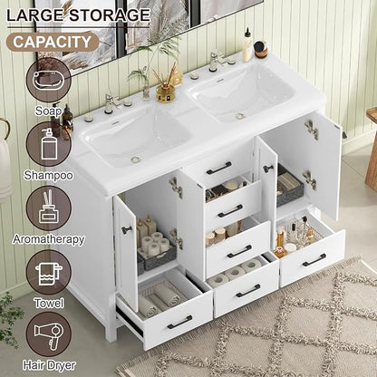 48" Bathroom Vanity with Sink Combo, Modern Bathroom Storage Cabinet with Double Sink Ceramic, 4 Doors and 5 Drawers, Space-Saving Storage Cabinet, White