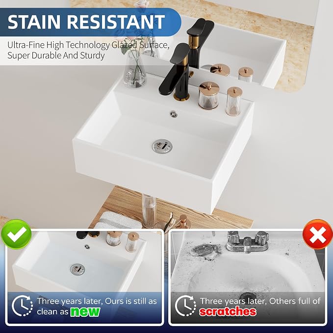 Floating Bathroom Vessel Sink Wall Mount, Hugsleek 16 x 13 inch Rectangle White Porcelain Ceramic Vessel Sink Wall Mounted Hang Bath Sink Bowl Basin Lavatory Vanity Restroom With Faucet Hole Overflow