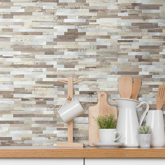 AULIGET 20 Sheets Peel and Stick Backsplash, Beige Wood Look PVC Mixed Metal Stick on Backsplash Tiles for Kitchen