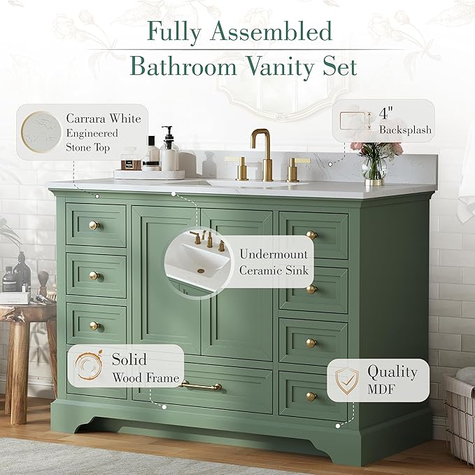 48 Inch Bathroom Vanity with Sink, Fully Assembled, Green | Bathroom Vanity with Solid Wood Frame, Carrara White Stone Countertop and Backsplash, 9 Soft-Close Dovetail Drawers