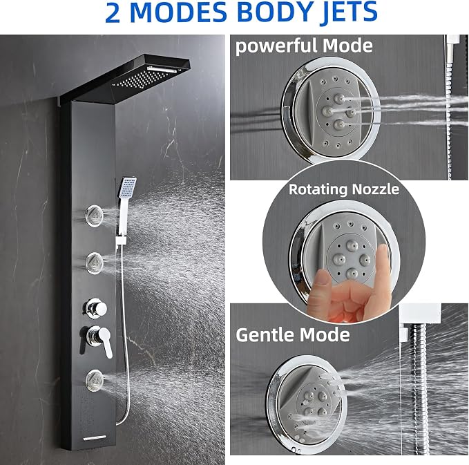 6 in1 Multi-Function Shower Panel Tower System-Brushed Black | 304 stainless steel Shower Panel Column Tower with Powerful Body Massage, Rainfall, Waterfall,Handheld and Tub Spout