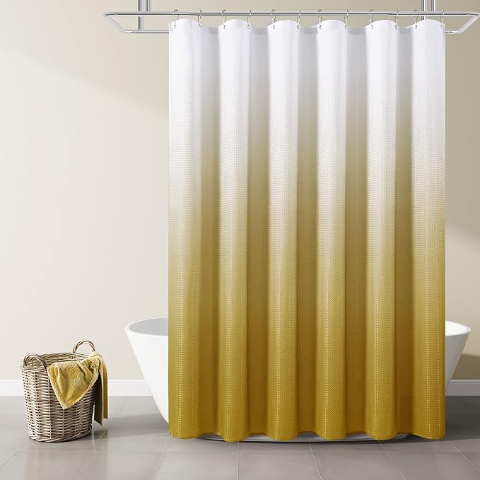 Shower Curtain 72 inches Long 6FT for Bathroom 1 Panel Gold | Ombre Waffle, Shower Curtains with Hook, Water Repellent, Boho Farmhouse, Simple Modern Bath Decor, 72x72