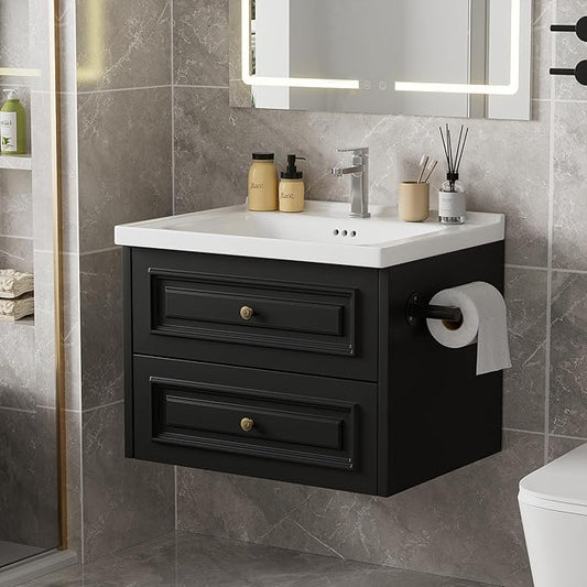 24" Bathroom Vanity with Sink, Floating Bathroom Vanity with with Marble Ceramic Basin Top and 2 Storage Drawers, Modern Storage Cabinet for Small Space, Black