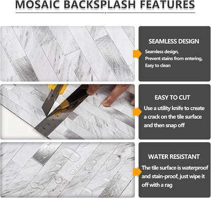 STICKGOO 20 Sheets Peel and Stick Backsplash Tile, Stick on Backsplash for Kitchen and Bathroom, White Marble Look PVC Mixed Metal Silver Self Adhesive Wall Tiles