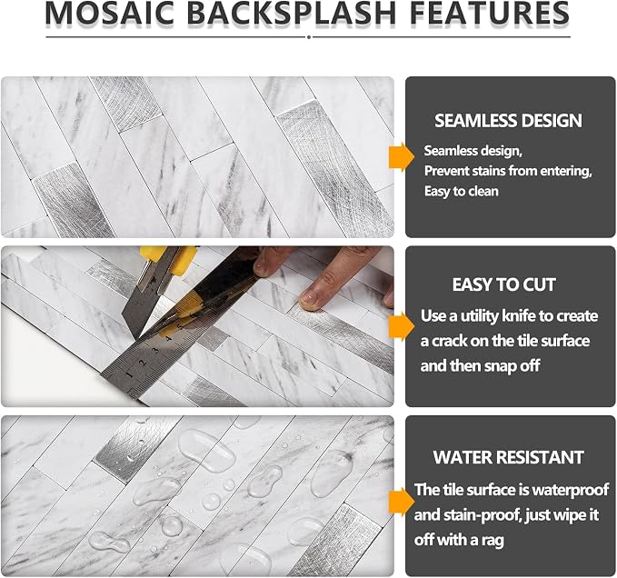 STICKGOO 2 Sheets Peel and Stick Backsplash Tile, Stick on Backsplash for Kitchen and Bathroom, White Marble Look PVC Mixed Metal Silver Self Adhesive Wall Tiles