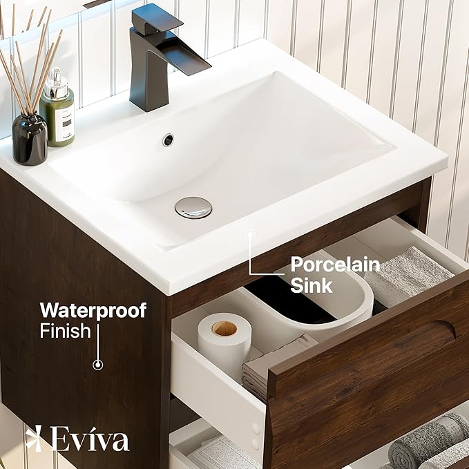 Eviva Joy 24 in. Rosewood Wall MountSingle Sink Bath Vanity with Porcelain Top and Integrated Sink