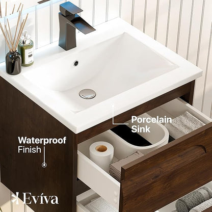 Eviva Joy 24 in. Rosewood Wall MountSingle Sink Bath Vanity with Porcelain Top and Integrated Sink