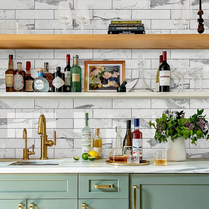 Vamos Tile Peel and Stick Backsplash, Glossy 40-Piece 3''x12'' Subway Tile | Statury White with Dark Gray Grout Wall Tile,PVC Faux Stone Stick on Subway Tiles for Kitchen,Bathroom,Laundry,Camper