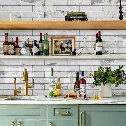 Vamos Tile Peel and Stick Backsplash, Glossy 40-Piece 3''x12'' Subway Tile | Statury White with Dark Gray Grout Wall Tile,PVC Faux Stone Stick on Subway Tiles for Kitchen,Bathroom,Laundry,Camper