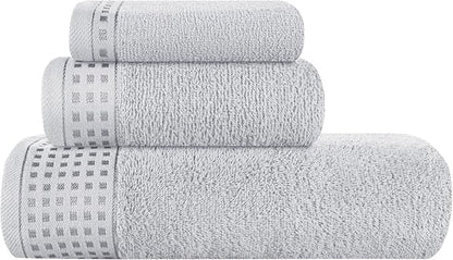 GLAMBURG Ultra Soft 3 Pack Cotton Towel Set, Contains a Bath Towel 28x55 inch, a Hand Towel 16x24 inch & a Wash Coth 12x12 inch, Ideal Everyday use, Compact & Lightweight - Light Grey