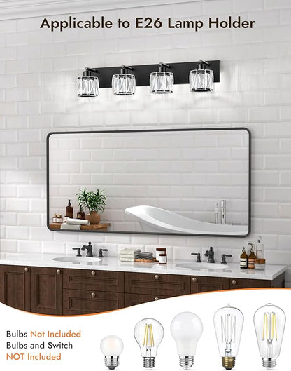 VOLISUN Crystal Vanity Lights for Bathrooms, 4 Light Bathroom Vanity Light, Modern Matte Black Bathroom Light Over Mirror, Black Bathrooms Lights Fixtures-UL Certificated(Exclude Bulb)