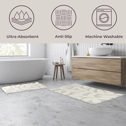 Lavish Home Bathroom Rug Set, Gray, 2-Piece-Set, 35”x22”/25”x18” | 100% Cotton Bath Mats with Textured Botanical Leaf Print for Boho Bathroom Decor - Bath Rugs Non Slip Washable Bathmats