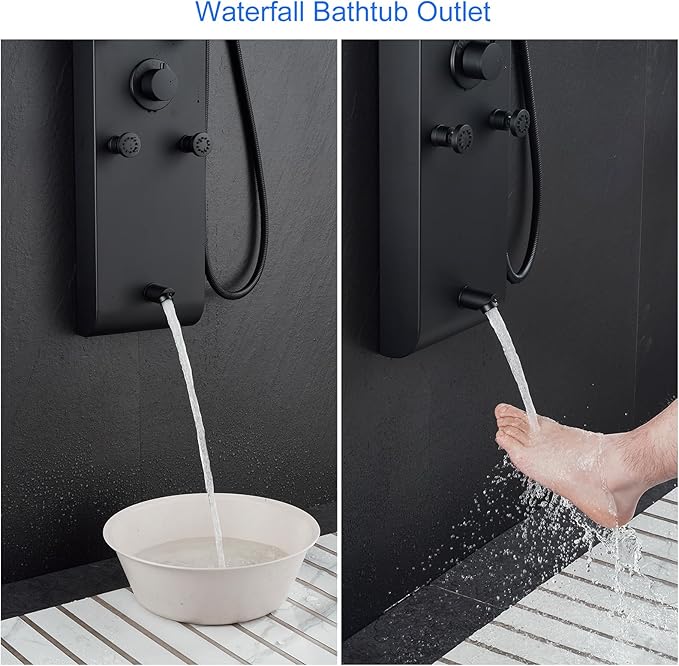 MENATT Stainless Steel Shower Panel Tower System with Height Adjustable Rainfall Shower Head, 4 in 1 Shower Panels with 6 Body Jets, Handheld Shower, Tub Spout, Brushed