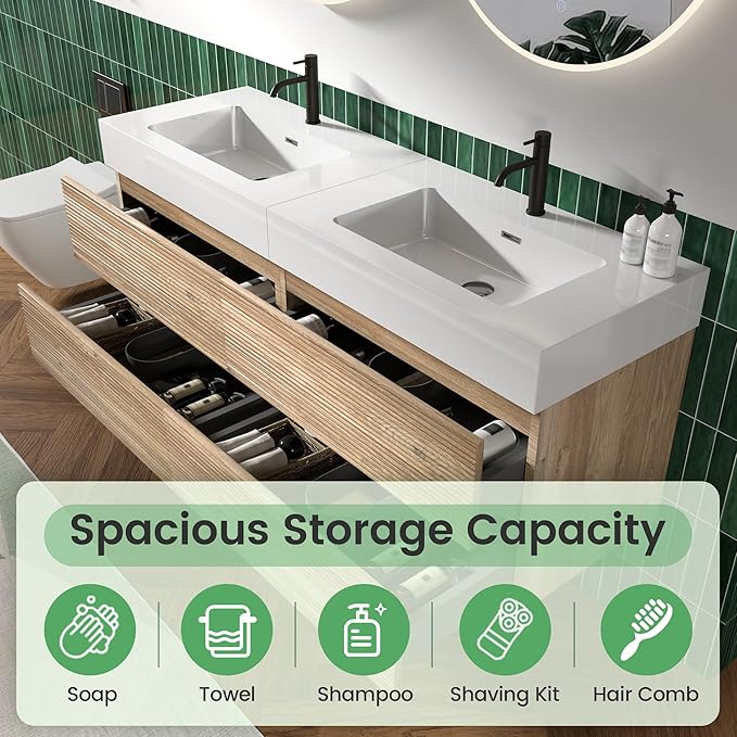 60" Floating Bathroom Vanity with Sink Combo, Modern Floating Double Sink Bathroom Vanity with Engineered Stone Tops & 4 Soft-Closing Drawers, Large Storage for Powder Room, Apartment, Rough Oak
