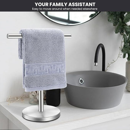 T-Shape Bath Hand Towel Holder Stand, Stainless Steel Free Standing Hand Towel Rack, for Bathroom Kitchen & Countertop, Silver